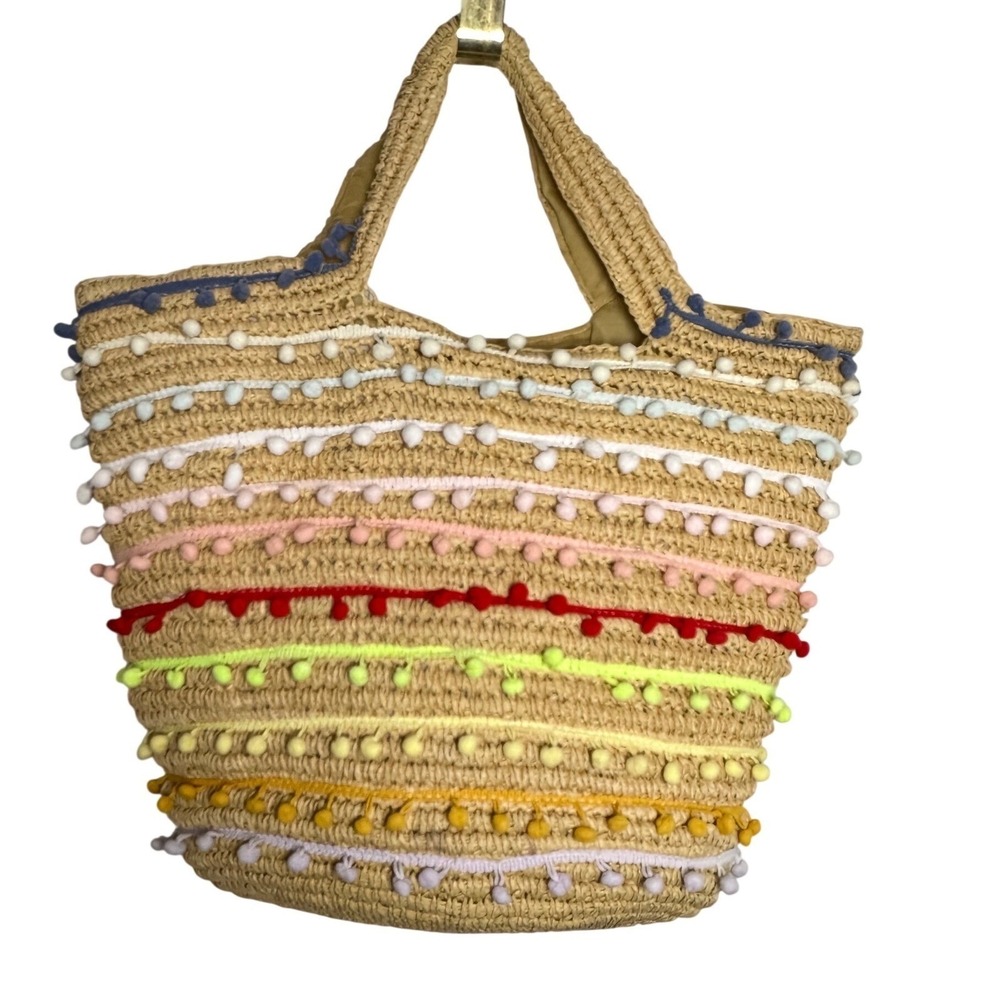 Bay Sky Rainbow Pom‎ Pom Straw Tote Beach Bag Boho Summer Woven Handbag - Picture 4 of 12